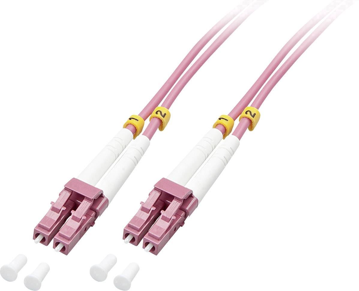 Twee roze glasvezelkabels met gele nummering en twee witte beschermkappen voor de aansluitingen.