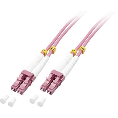 Twee roze glasvezel-patchkabels met LC-connectoren.