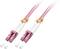 Twee roze glasvezel-patchkabels met LC-connectoren.