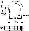 Technische tekening van een hangslot met afmetingen. Boven: 27 mm, 7,5 mm, 65 mm hoogte. Onder: 9,5 mm. Totale breedte: 35 mm.