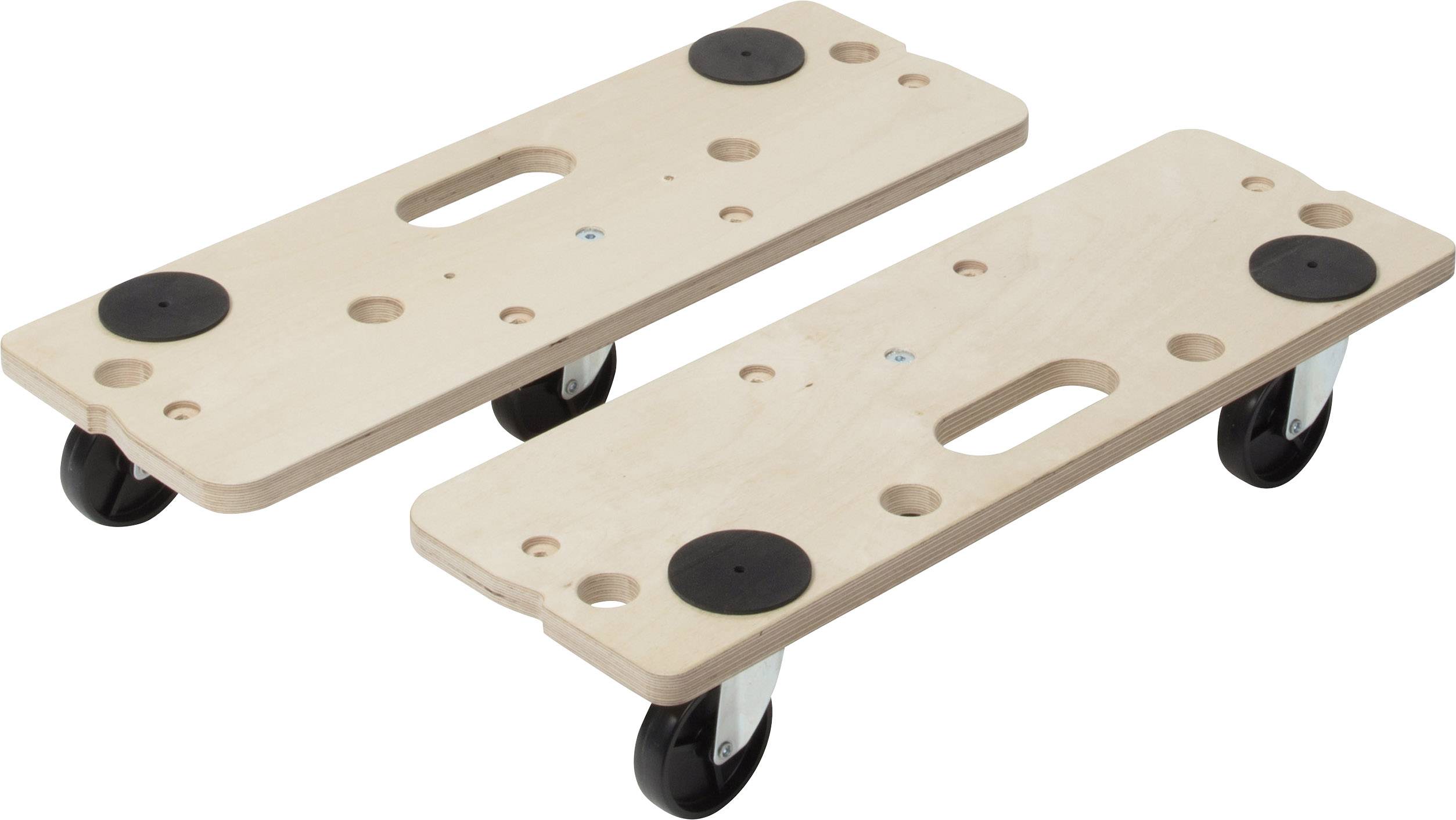 Twee houten planken met handgrepen en wielen, die gebruikt worden als transportondersteuning voor zware voorwerpen.