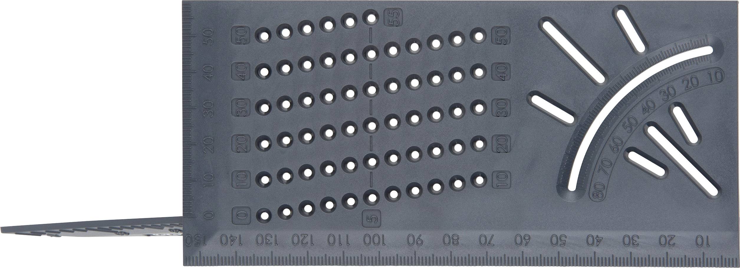Een hoekmeetapparaat met lineaal en gatenpatroon voor markering, vervaardigd uit zwart materiaal. Geschikt voor timmerwerken en nauwkeurige metingen.