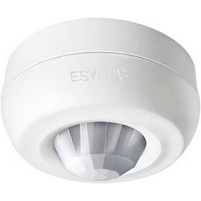 Een ronde, witte bewegingssensor, aan het plafond gemonteerd, met het opschrift 'ESYLUX'.