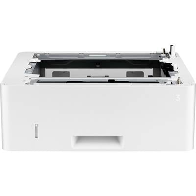 Een witte printer, frontaal gefotografeerd, zonder zichtbare knoppen of bedieningselementen. Eenvoudige, minimalistische vormgeving.