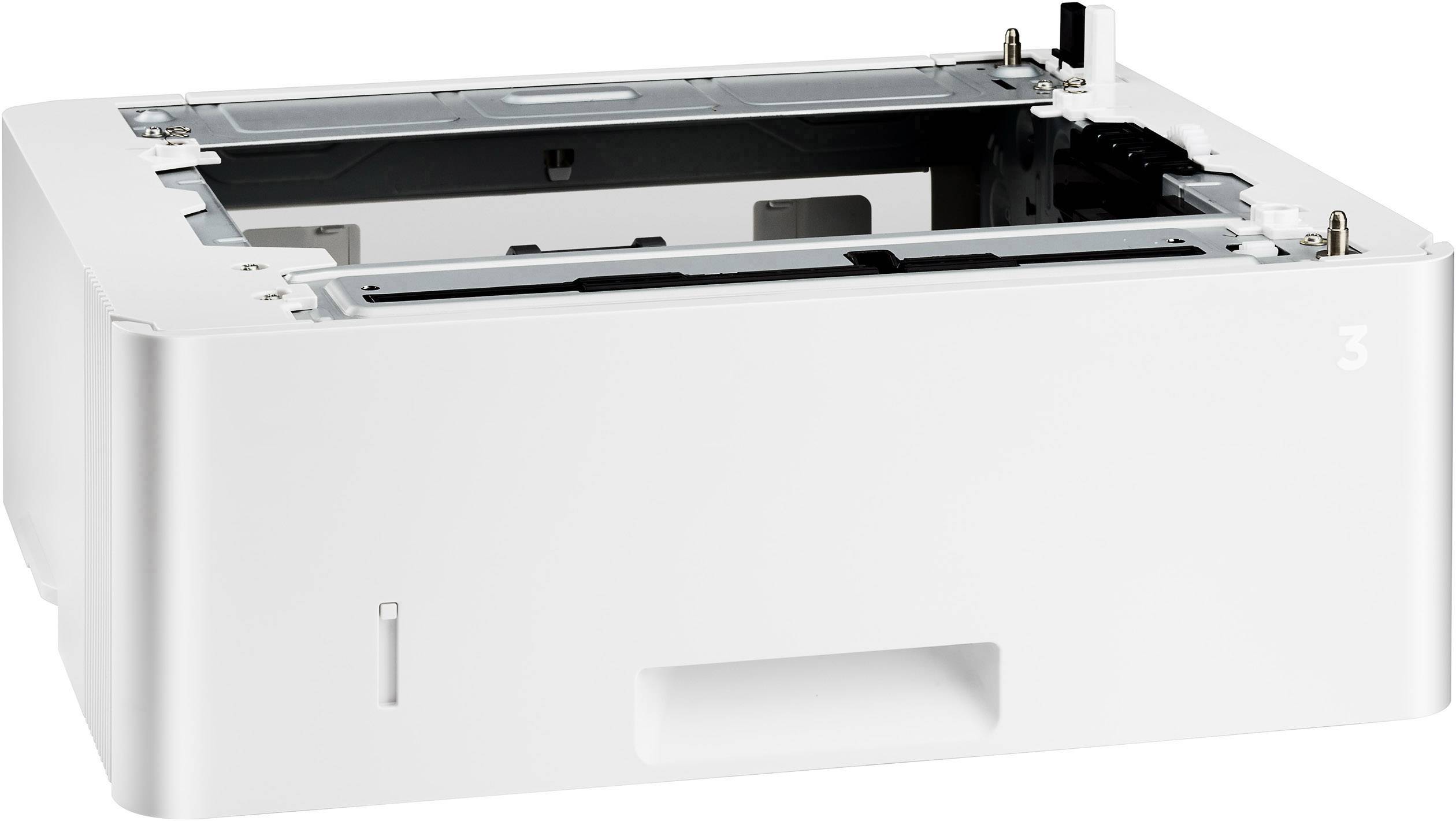 Een witte printer papierlade-uitbreiding, met capaciteitsverhoging voor een extra papierstapel.