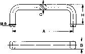 Technische tekening van een U-vormige greep met afmetingen: breedte A, hoogte H, schroefdiameter M3, B is de onderste afstand.