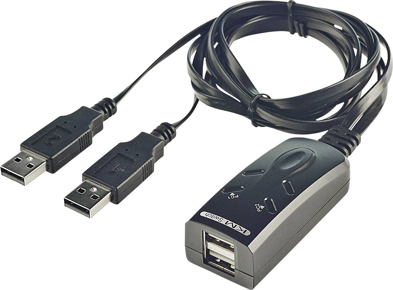Een USB-datakabel met twee USB-A-stekkers en een adapter voor gegevensoverdracht tussen twee computers.