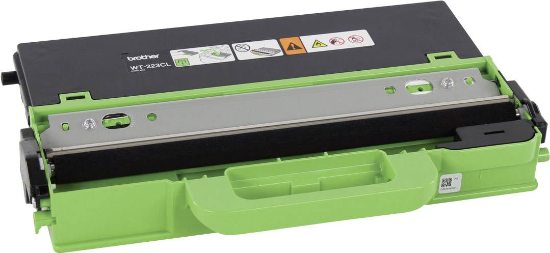 Groene en zwarte tonercartridge van het merk Brother, model WT-223CL. Dient als vervangend onderdeel voor printeronderhoud.