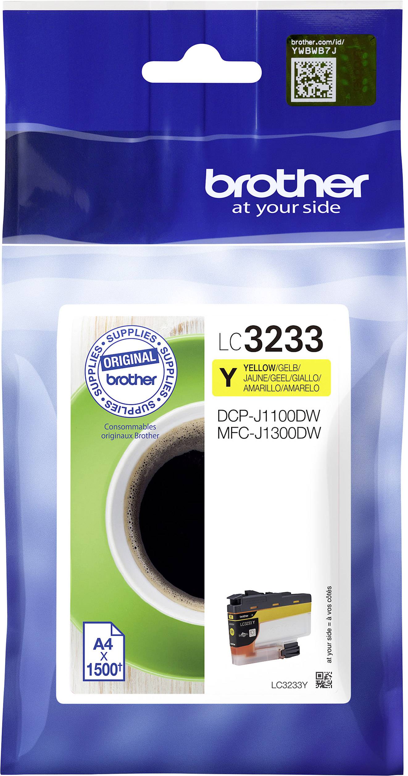 Verpakking van een gele Brother printcartridge Model LC3233Y, geschikt voor DCP-J1100DW en MFC-J1300DW printers.