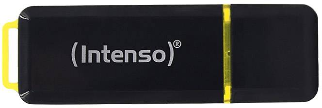 Een zwarte USB-stick van het merk Intenso met geel detail.