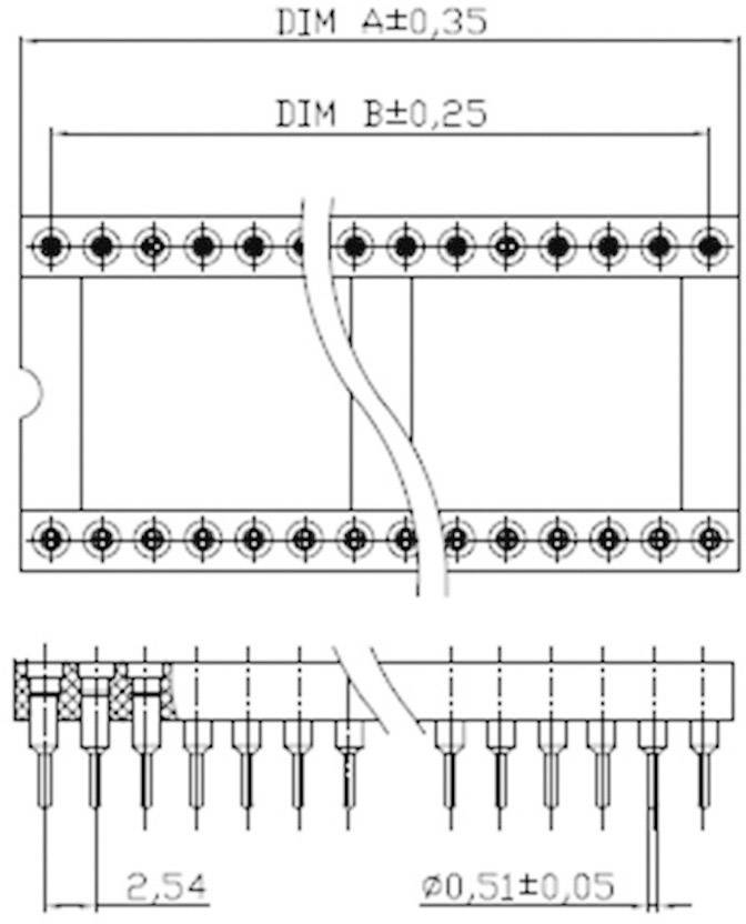 Technische tekening van een elektronisch onderdeel met afmetingen DIM A±0,35 en DIM B±0,25. 4x8 pinnen, tussenruimte 2,54 mm.