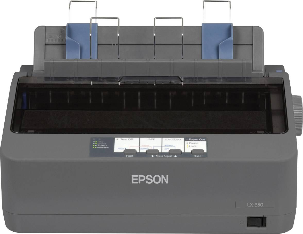 Een grijze Epson-printer, model LX-350, met blauwe papiergeleidingen. Apparaat is ontworpen voor het afdrukken van formulierenpapier.
