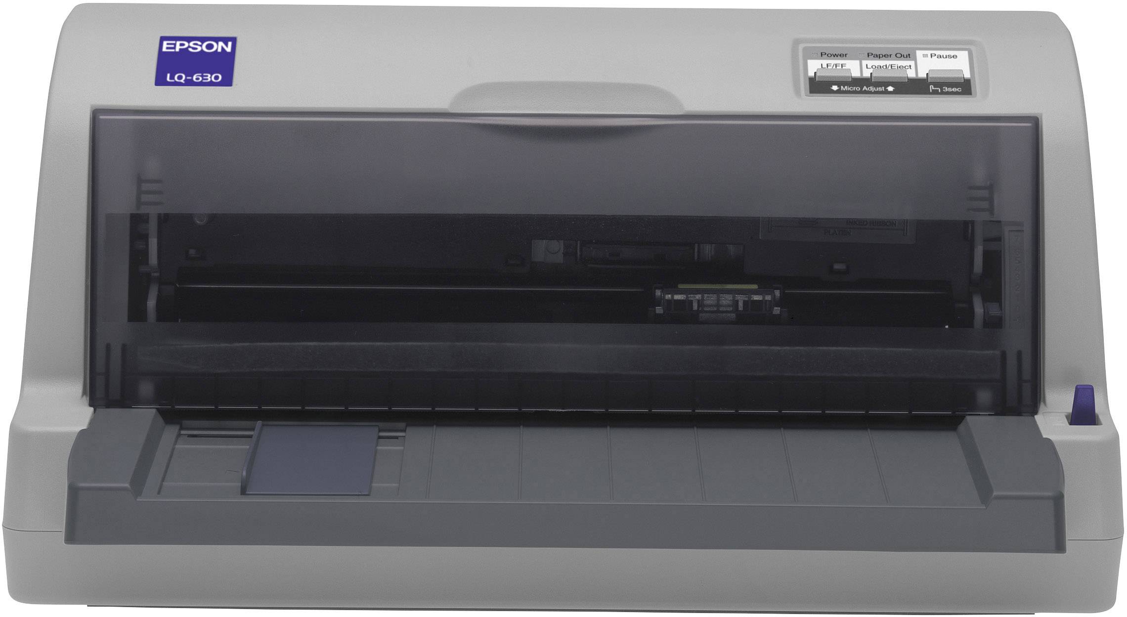 Een grijze matrixprinter met open papierdoorvoer, merklogo linksboven. Apparaat voor het maken van documenten op doorlopend papier.