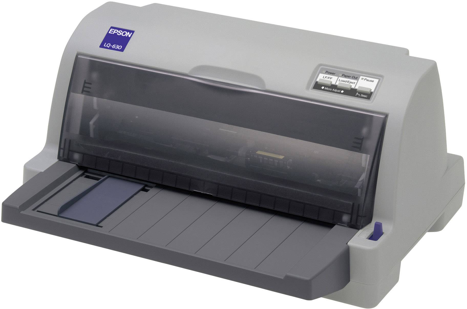 Een grijze Epson-printer met een open papierlade, geschikt voor matrixdruk op doorlopend papier. Bovenaan bedieningsknoppen voor printerinstellingen.