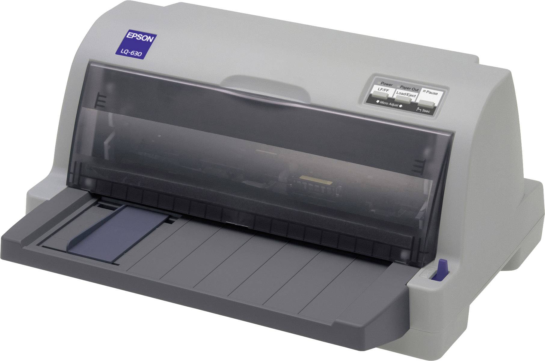 Grijze Epson LQ-680 printer met geopende papiertoevoer en bedieningsknoppen in de rechterbovenhoek.