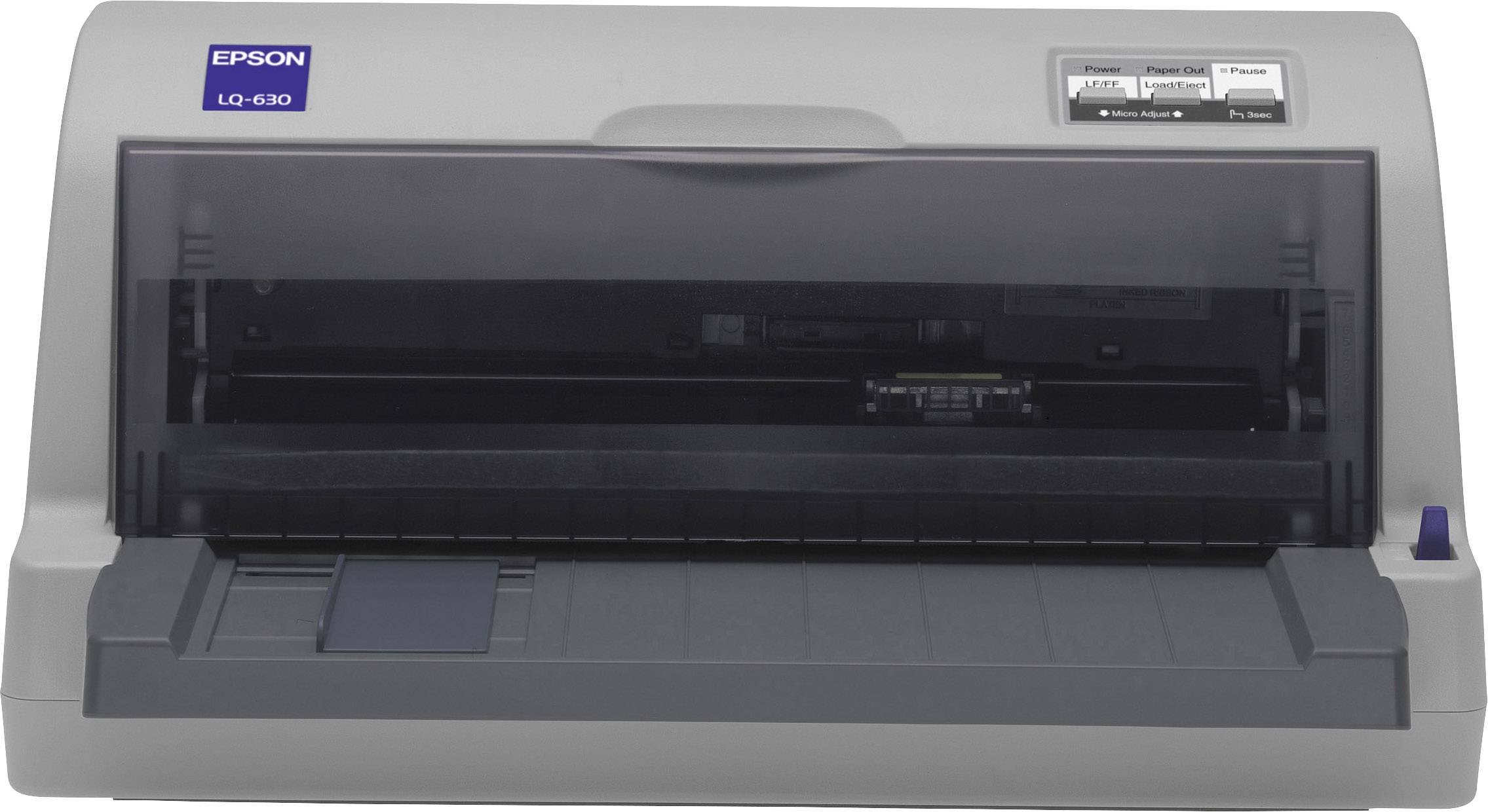 Een grijze Epson LQ-630 matrixprinter met open papiergeleiding. Rechtsboven bevinden zich bedieningsknoppen en statusweergaven.