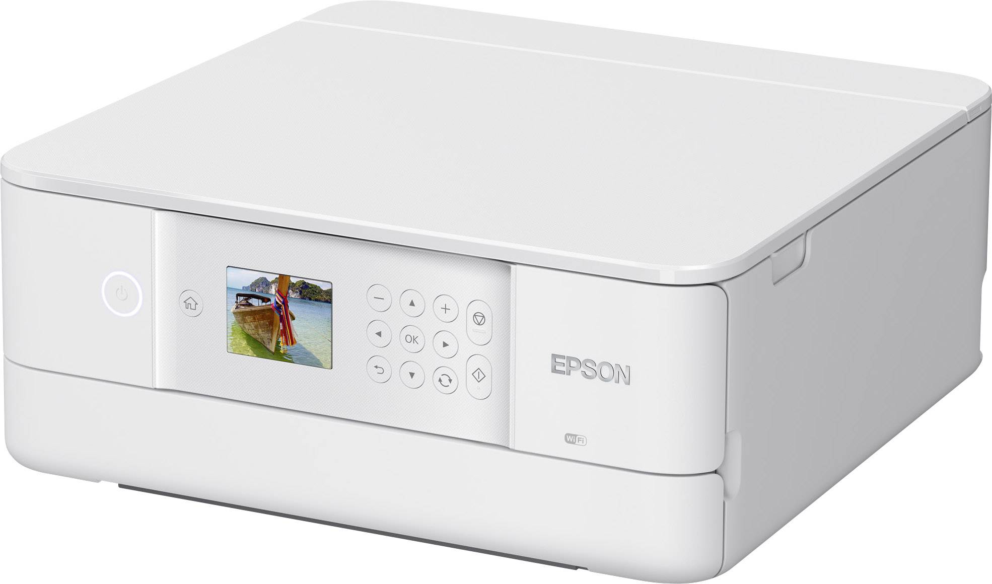 Witte Epson-printer met kleurenscherm toont natuurafbeelding. Bedieningsknoppen naast het display voor instellingen en navigatie.