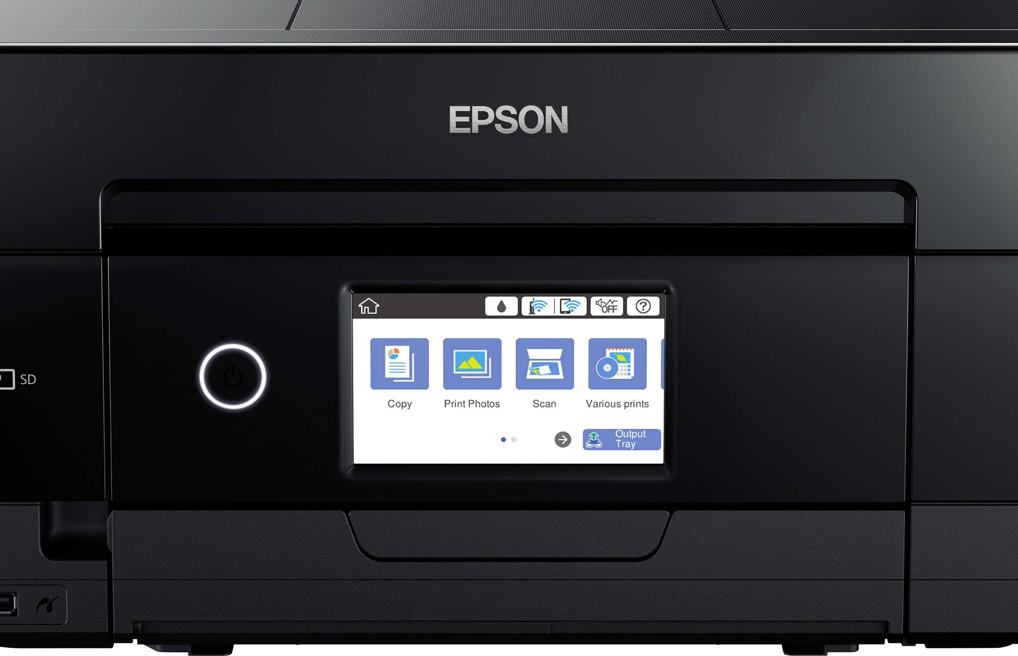Een Epson-printer met een touchscreen-display waarop opties zoals 'Kopiëren', 'Foto's afdrukken', 'Scannen' en 'Diversen afdrukken' worden weergegeven.
