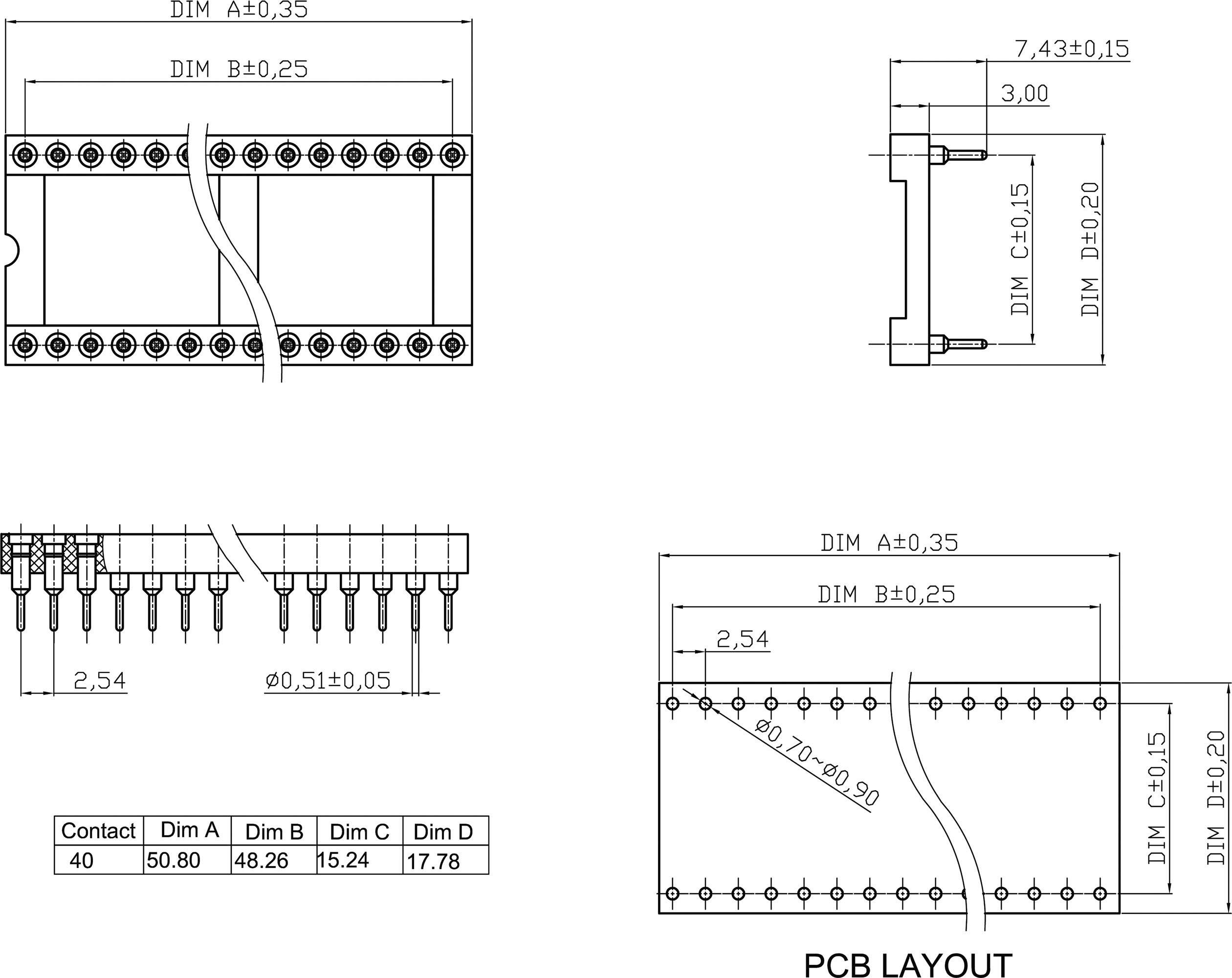 'PCB-lay-outdiagram met afmetingen voor contactafstanden, breedtes en hoogtes. Toont specifieke afmetingen en plaatsing van connectoren.'