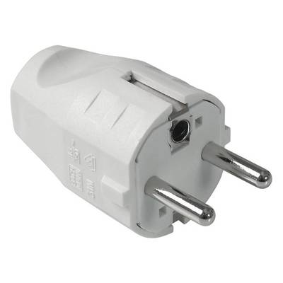Witte Euro-stekkeradapter met twee ronde metalen pinnen voor elektrische apparaten in Europa.
