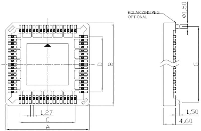 'Technische tekening van een vierkante microchip met afmetingen en pin-indeling; zijaanzicht toont totale dikte.'