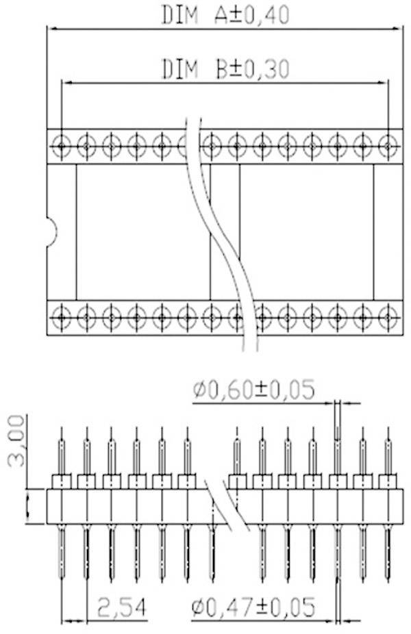 Technische tekening van een connector met afmetingen. Bovenste deel toont twee rijen contacten, onderste deel een zijaanzicht met pennen.