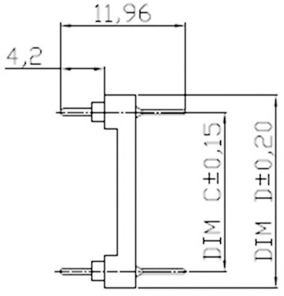 Technische tekening met afmetingen: Breedte 11,96, Hoogte 4,2, Toleranties 'DIM C±0,15' en 'DIM D±0,20'. Toont gedetailleerde onderdeelafmetingen.