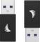 Twee USB-sticks met een zwarte behuizing en een wit logo dat lijkt op een gestileerde haai zijn van voren en van achteren te zien.