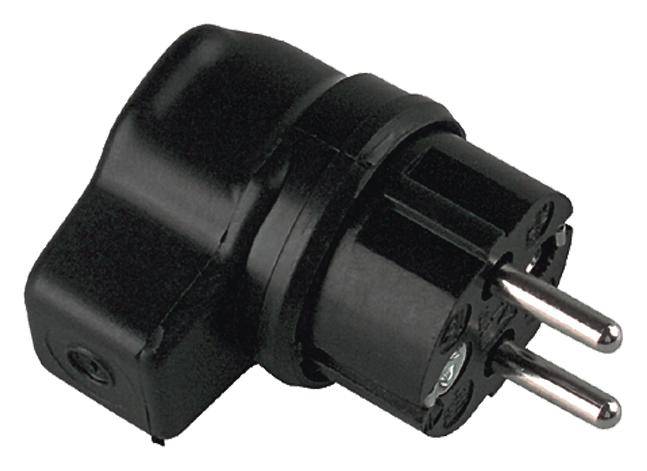Zwarte Eurostekker-adapter met twee pinnen en een rechthoekige behuizing, geschikt voor het aansluiten van elektrische apparaten op stopcontacten.
