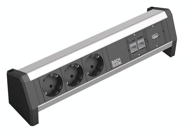 Een stekkerdoos met drie Schuko-stopcontacten, twee netwerkpoorten en een USB-poort, geschikt voor op het bureau.