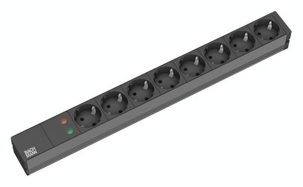 Bachmann 333.534 19 inch  Stekkerdoos voor patchkast  1 HE Geaarde contactdoos Overspanningsbescherming  Zwart