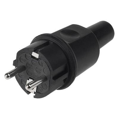 Zwarte Europlug met twee ronde pinnen, vaak gebruikt in huishoudelijke apparaten.