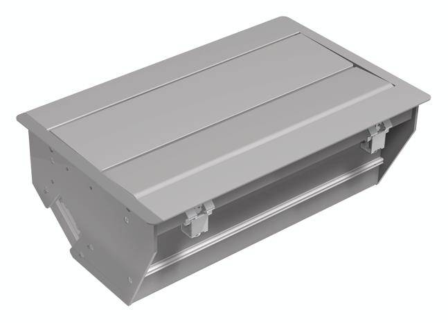 Een zilveren, rechthoekige metalen doos met klep, die wordt gebruikt voor kabelbeheer in tafels of vloeren.