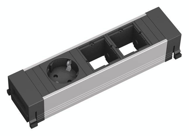 Stekkerdoos met één stopcontact en twee lege moduleplekken, rechthoekige vorm, zwart-zilver design.