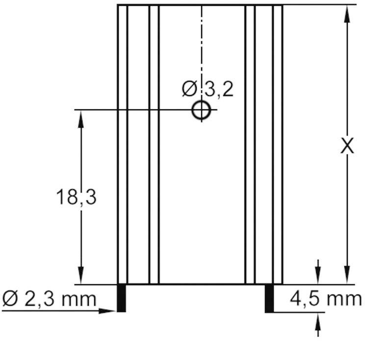 Technische tekening van een onderdeel met afmetingen: hoogte 18,3 mm, breedte 4,5 mm, gaten Ø 3,2 mm en Ø 2,3 mm.
