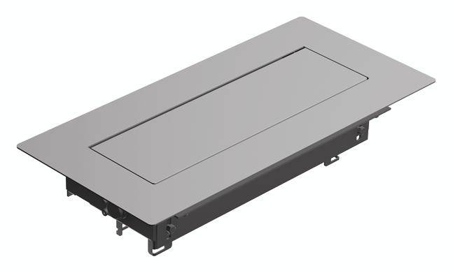 Rechthoekige metalen afdekking voor vloerdoos, zilverkleurig, ter bescherming van elektrische aansluitingen.