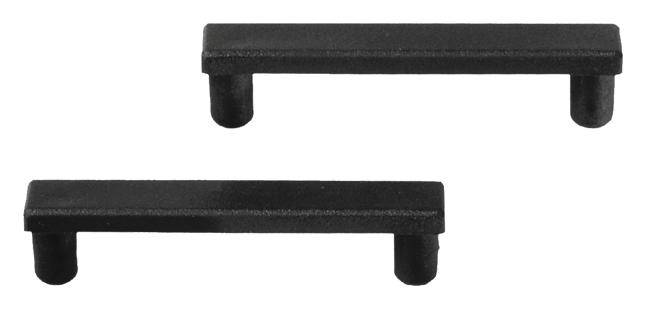 Twee zwarte, rechthoekige handgrepen naast elkaar geplaatst.