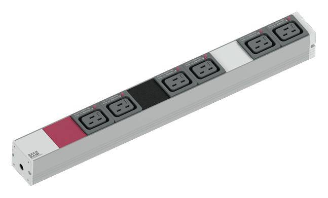 Een verticale stekkerdoos met zes stopcontacten in twee rijen. Enkele stopcontacten hebben gekleurde markeringen voor identificatie.