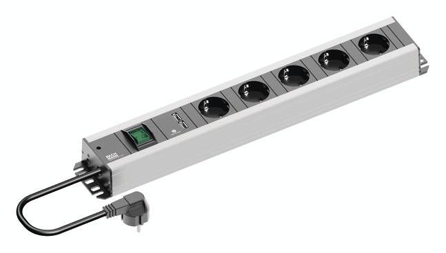 Zeszijdige stekkerdoos met schakelaar en USB-aansluiting, zwart snoer; geschikt voor stroomverdeling en aansluiting van meerdere apparaten.