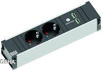 Inbouw-stopcontact met twee Schuko-aansluitingen en twee USB-poorten, geschikt voor integratie in meubels of werkbladen.