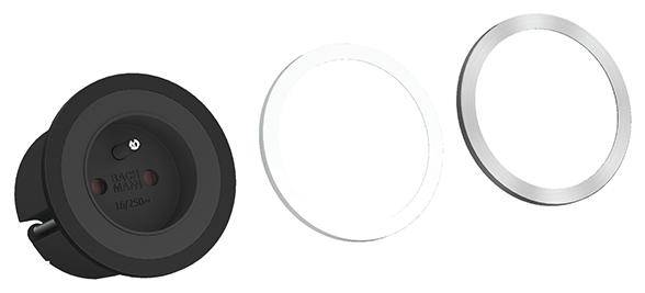 Zwarte ronde magneethouder naast twee verwisselbare ringen in wit en zilver, mogelijk bedoeld voor aanpassing of decoratie.