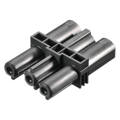 Zwarte driepoolige stekkerverbinding voor elektronica met rechthoekige en ronde aansluitingen, op een witte achtergrond.