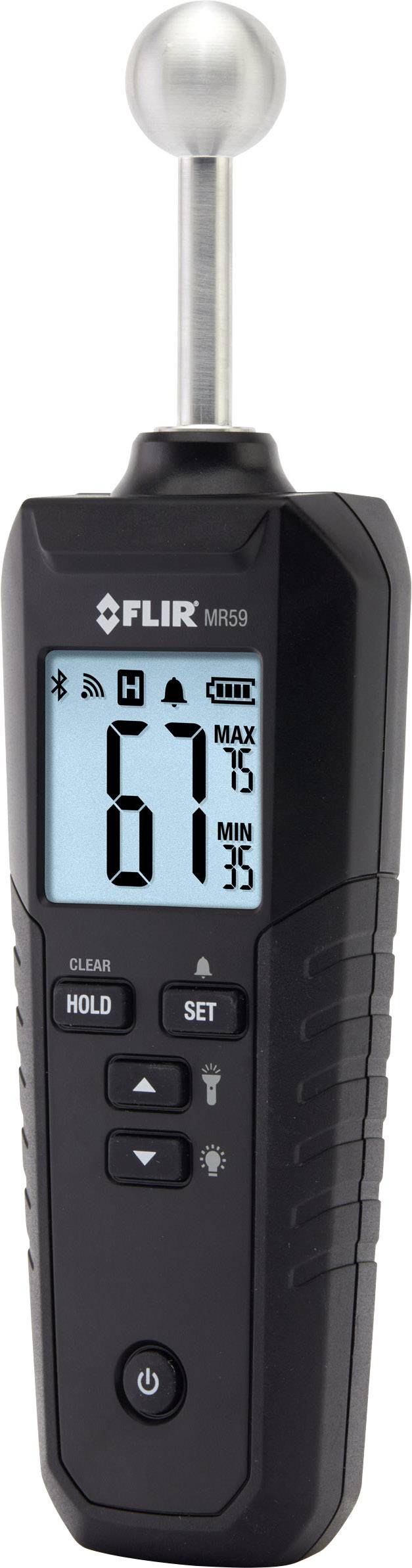 Draagbaar FLIR-apparaat voor vochtmeting, toont een waarde van 67 op het display.