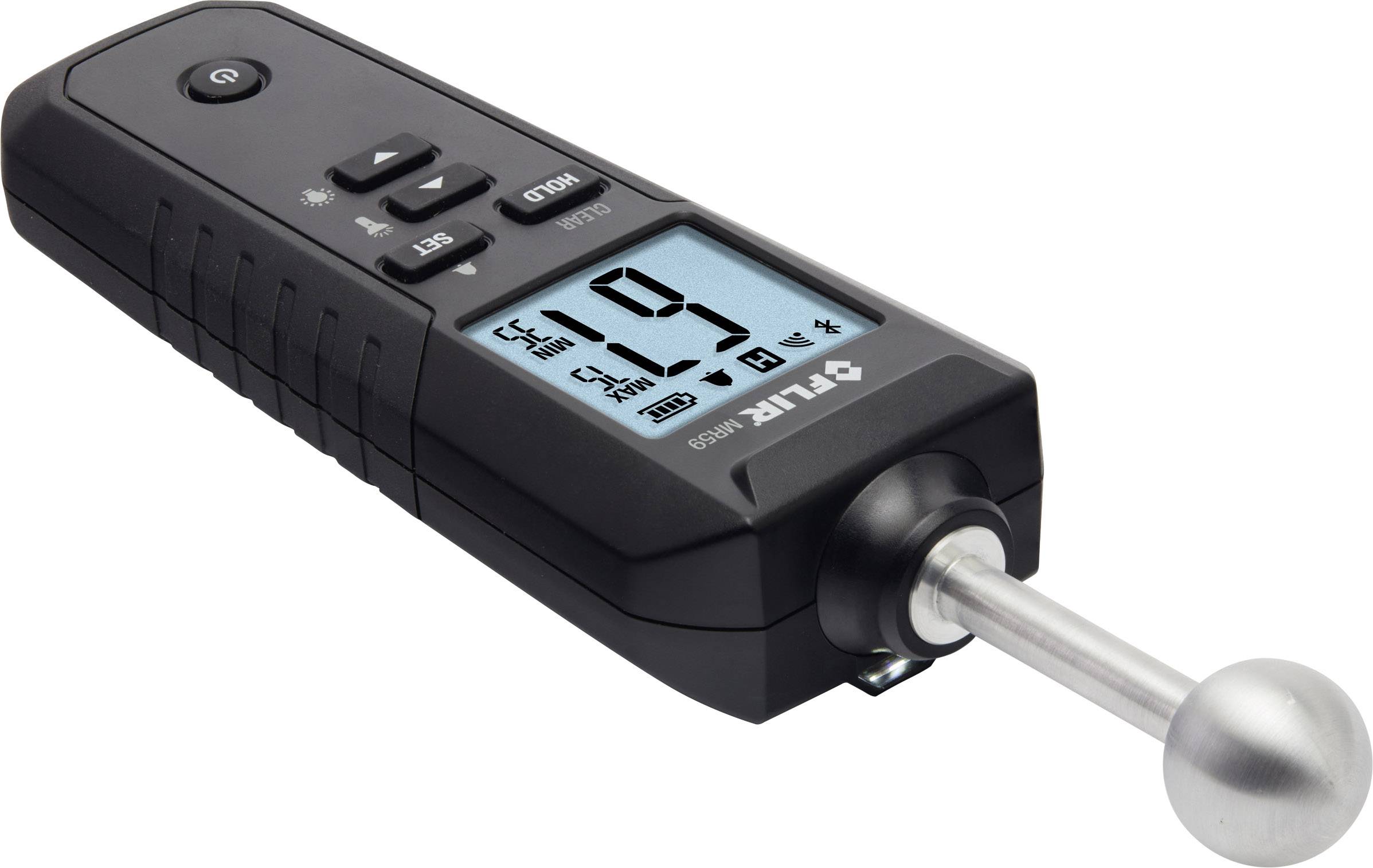 Zwart elektronisch apparaat dat vermoedelijk de luchtvochtigheid meet. Display toont de waarde 19 en symbolen voor temperatuur en batterij.