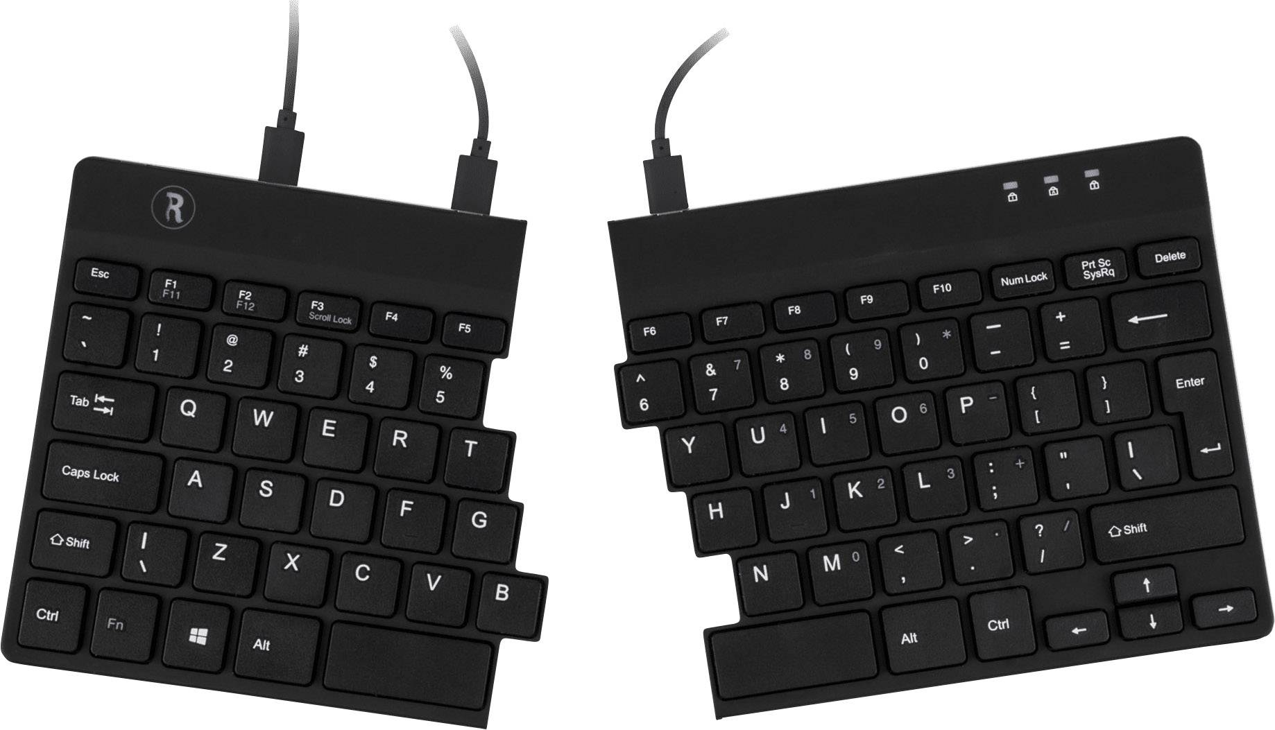 Ergonomisch verdeelde toetsenbord met twee helften, verbonden door een kabel. Elke helft toont een standaard QWERTY-indeling.