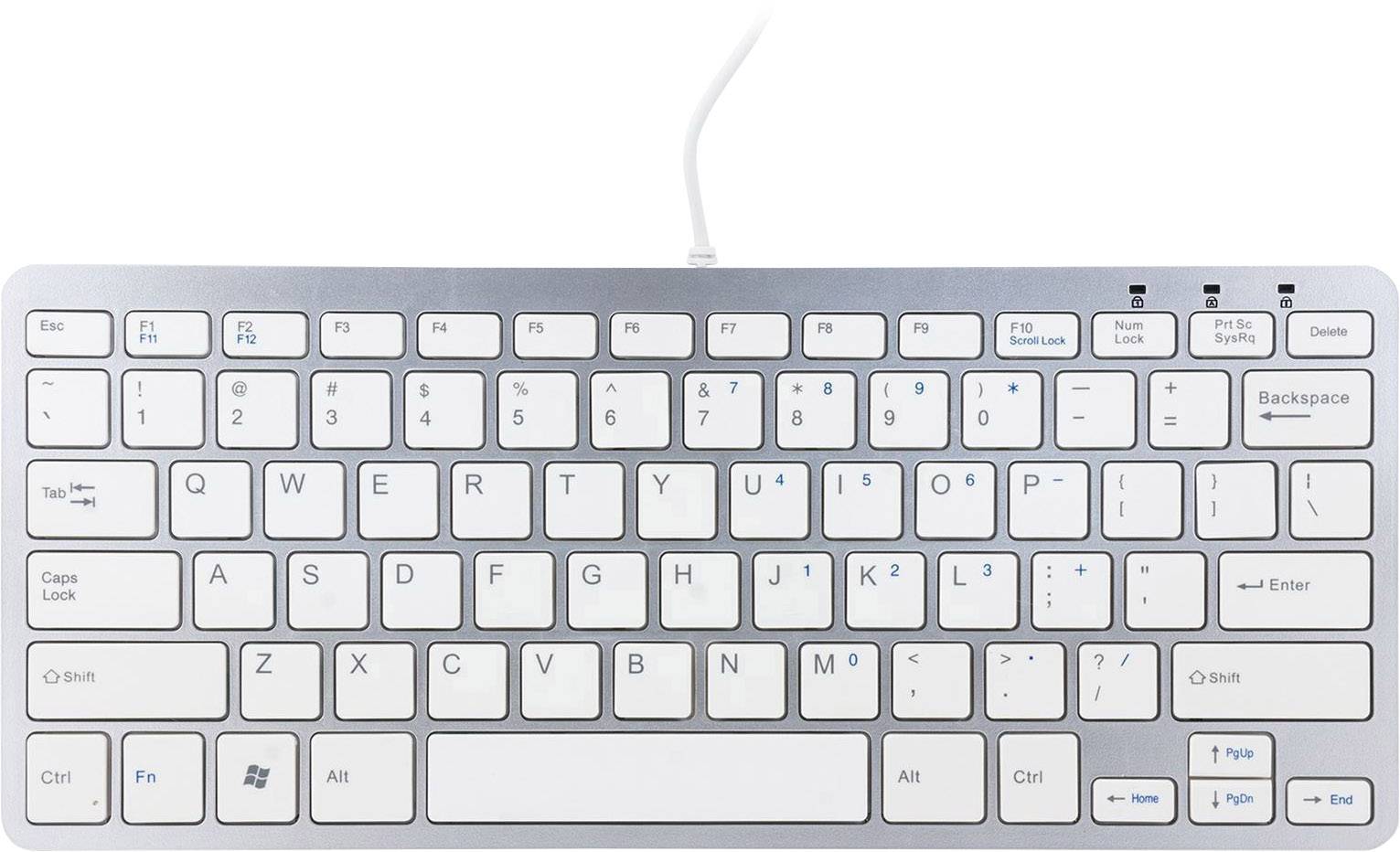 Toetsenbord in zilver-wit met volledig QWERTY-indeling, functietoetsen, numeriek toetsenblok en aangesloten kabel.