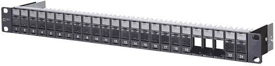 Patchpanel met 24 genummerde poorten, symmetrisch gerangschikt. Markeringen op de poorten vergemakkelijken de identificatie van de kabelverbindingen.
