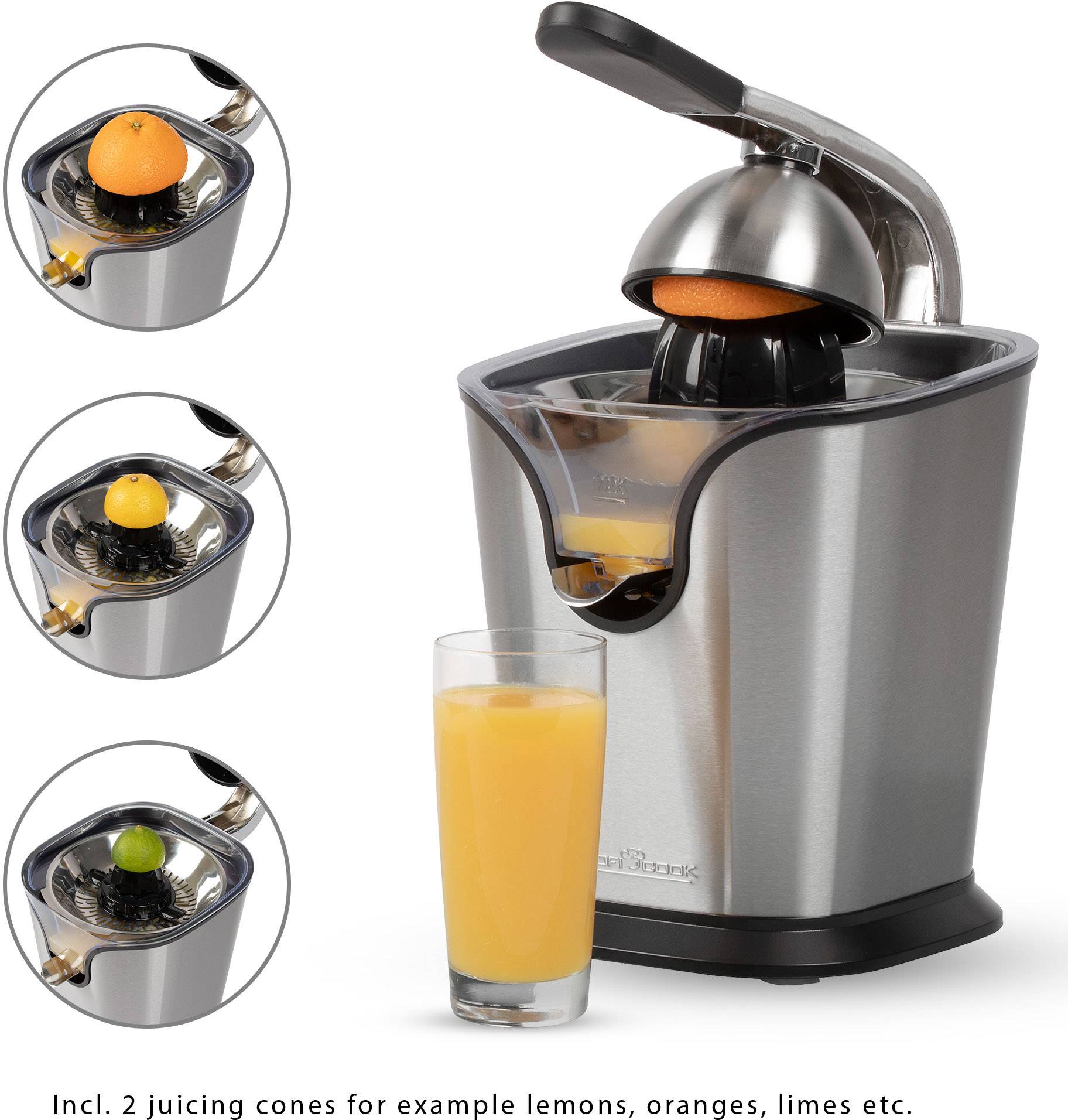 Elektrische citruspers van roestvrij staal met hefboom. Perst sinaasappelsap in een glas. Drie afbeeldingen tonen verschillende citrusvruchten tijdens het persen.