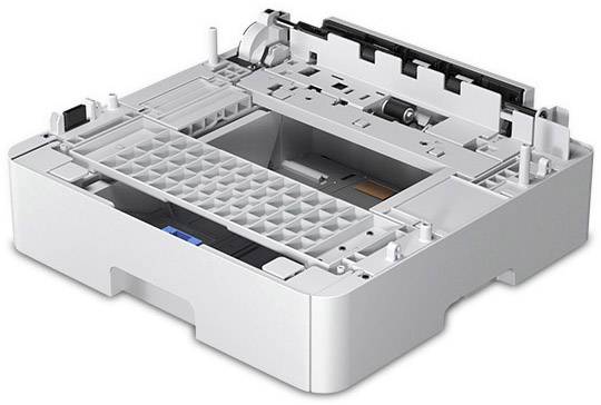 Een wit printerpapierlade open en leeg, klaar om papier in te leggen, onderdeel van een printer.