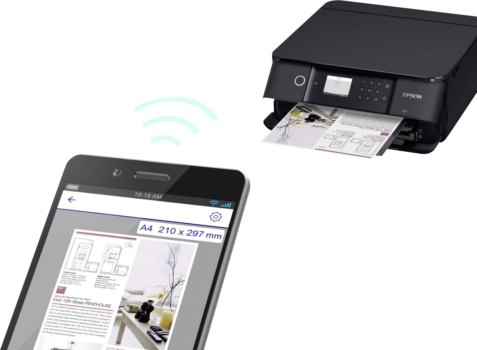 Een smartphone stuurt draadloos een document naar een printer, die het op dat moment afdrukt.